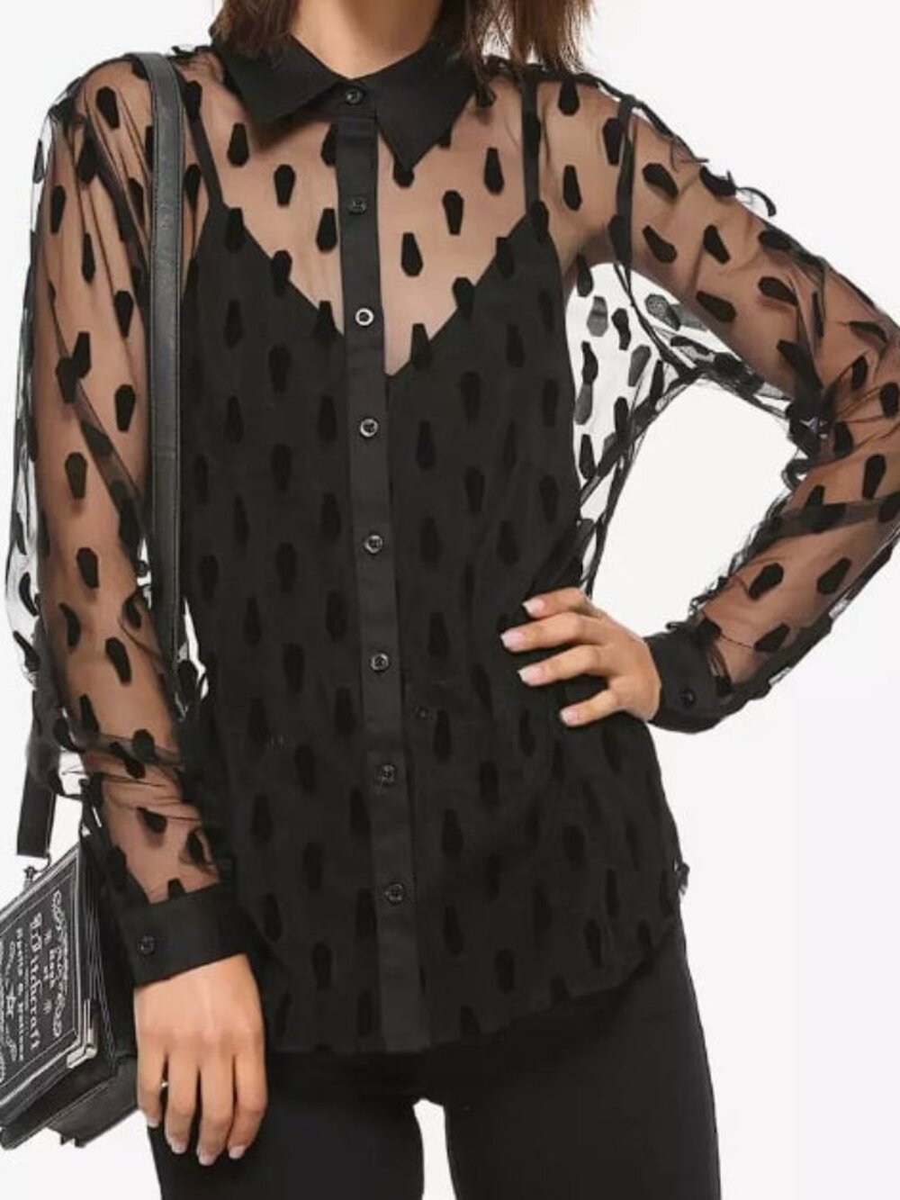 Hot Topic Black Flocked Goth Coffin Sheer Long-Sleeve Button-Up Large